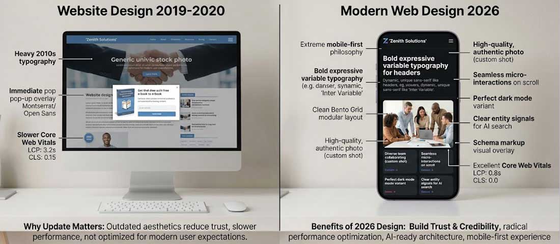 Web design evolution showing comparison between outdated 2019 website design and modern 2026 website design standards