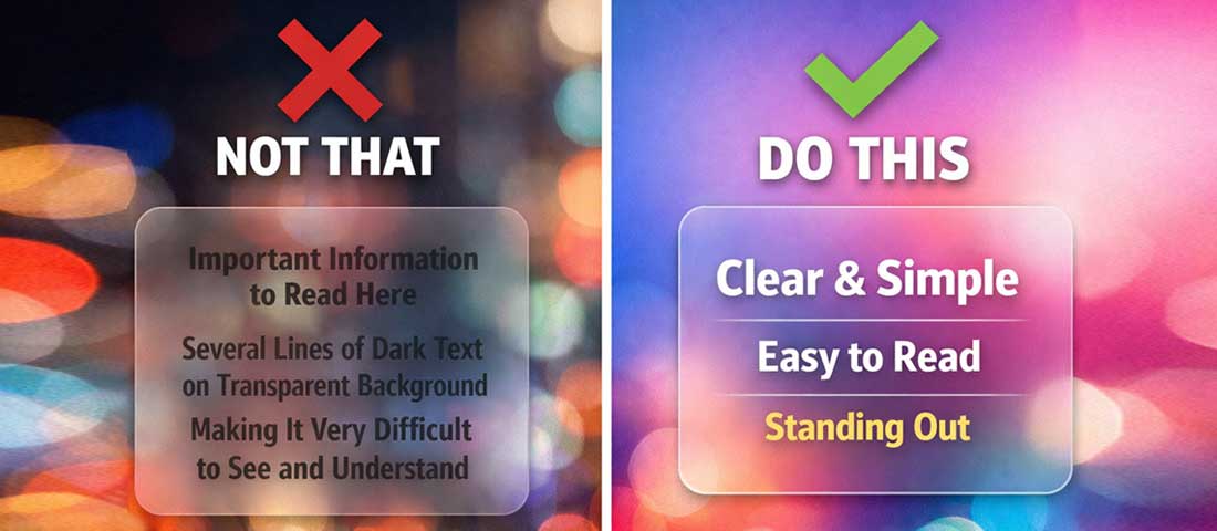 Glassmorphism done right versus done wrong comparison showing poor contrast unreadable text versus well-executed high-contrast readable glass card design
