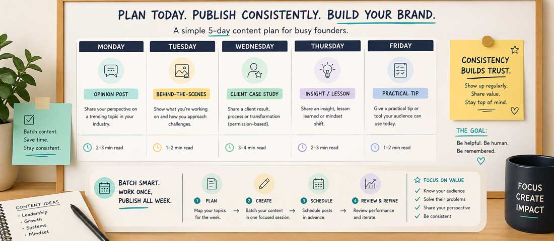 Personal brand content calendar showing weekly LinkedIn posting schedule with different content types opinion posts case studies and practical tips for founder consistency