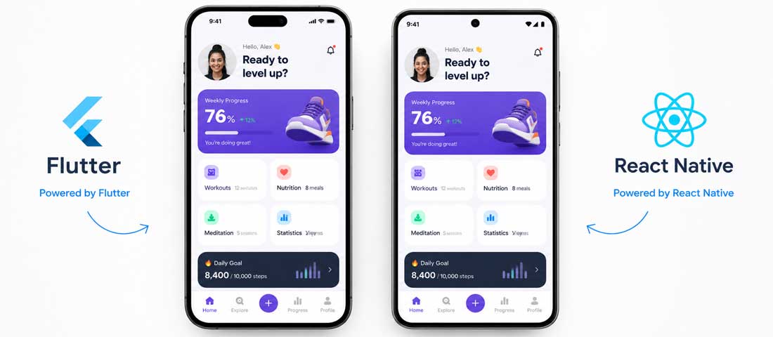 Flutter and React Native apps side by side on iPhone and Android showing both frameworks producing high quality beautiful mobile app interfaces in 2026
