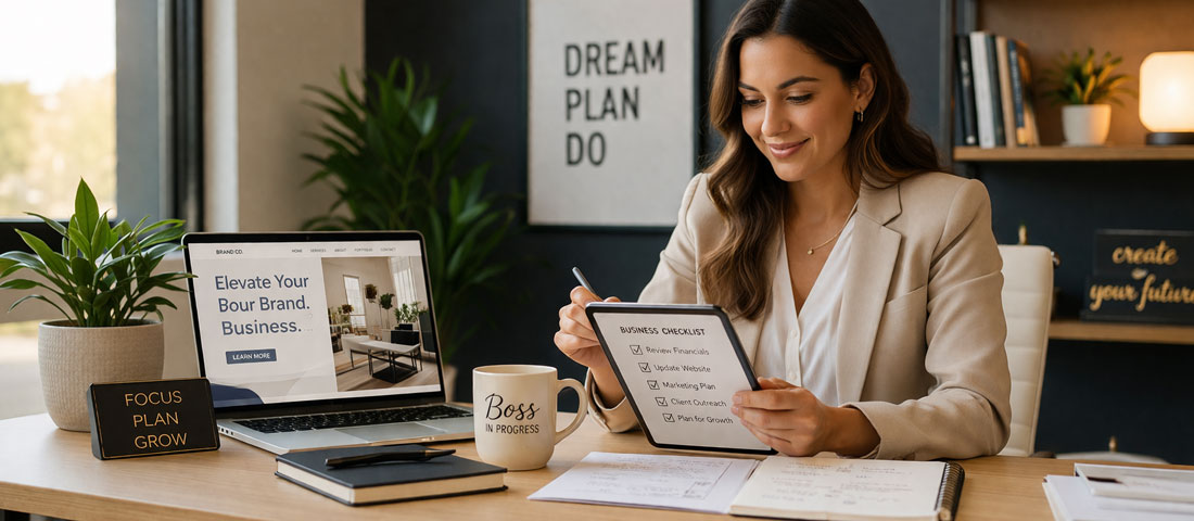 Business owner reviewing checklist before hiring web design agency showing confident prepared professional at desk with laptop and documents