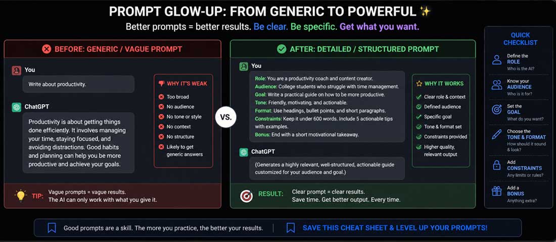 AI copywriting prompt comparison showing generic vague prompt versus detailed structured five part prompt framework that produces human sounding website copy