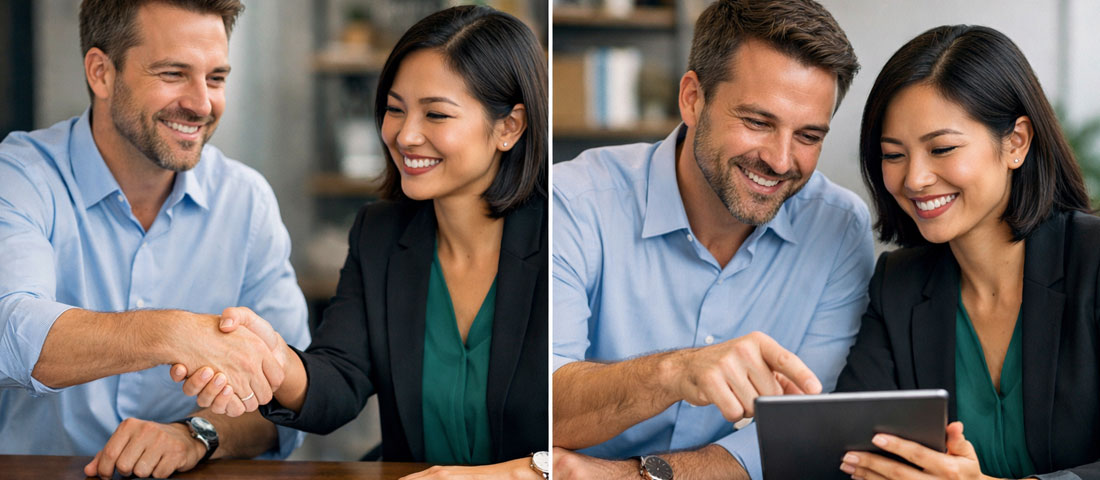 Business owner reviewing web design contract with agency reviewing key terms deliverables and payment milestones before signing agreement