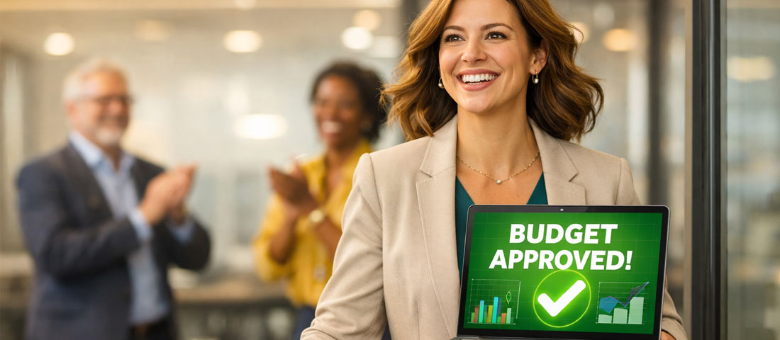 Business professional successfully presenting website redesign ROI business case with approved budget showing positive outcome of financial justification