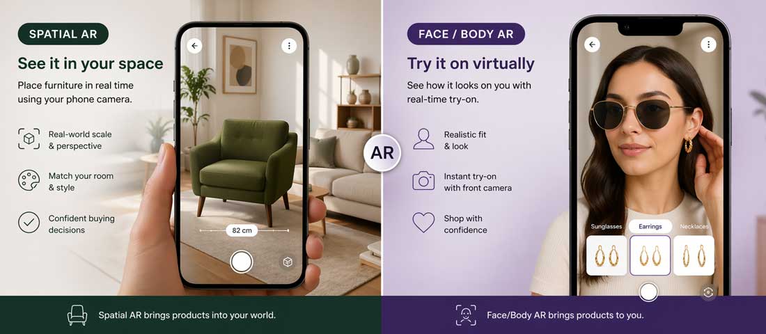Two types of eCommerce AR shown side by side - spatial AR placing furniture in real room via camera and face try-on AR for eyewear jewellery and accessories