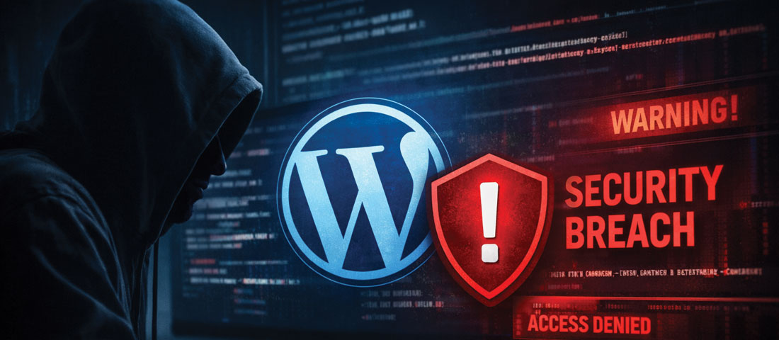 WordPress security vulnerabilities 2026 showing hacker exploiting website weaknesses with security breach warning and WordPress logo