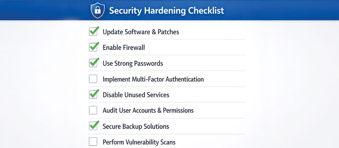 WordPress security hardening checklist 2026 showing security audit steps with green checkmarks for completed items representing systematic protection