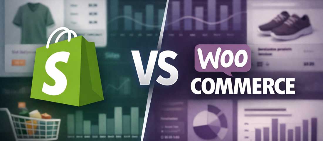 Shopify vs WooCommerce 2026 comparison showing both platforms logos with eCommerce products and analytics representing the definitive platform decision guide