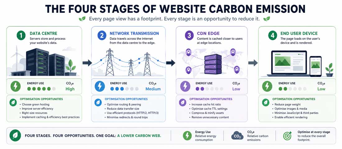 Website carbon footprint infographic showing four emission stages data centre network transmission CDN and end user device with CO2 indicators at each stage