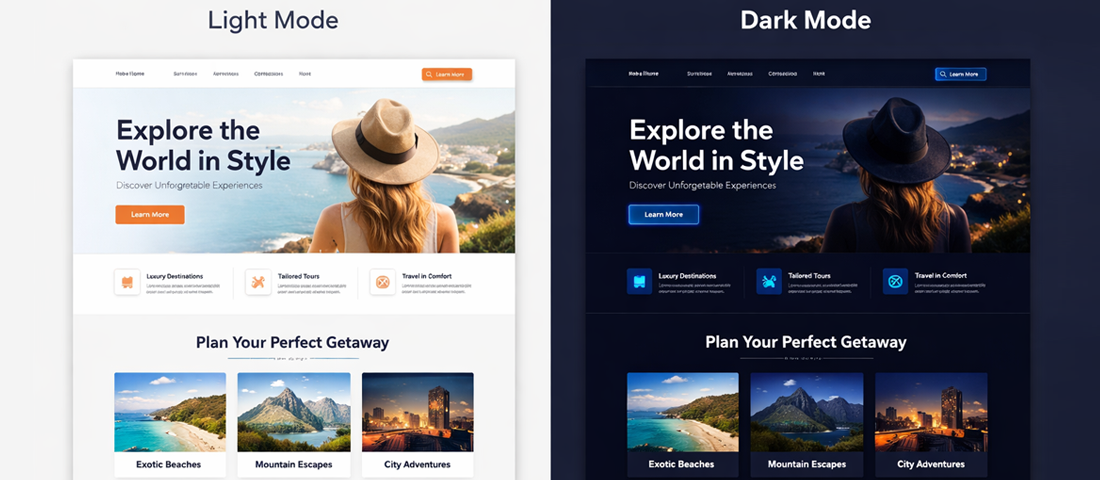 Dark mode website design best practices showing side by side comparison of light and dark mode website versions with premium dark UI design in 2026