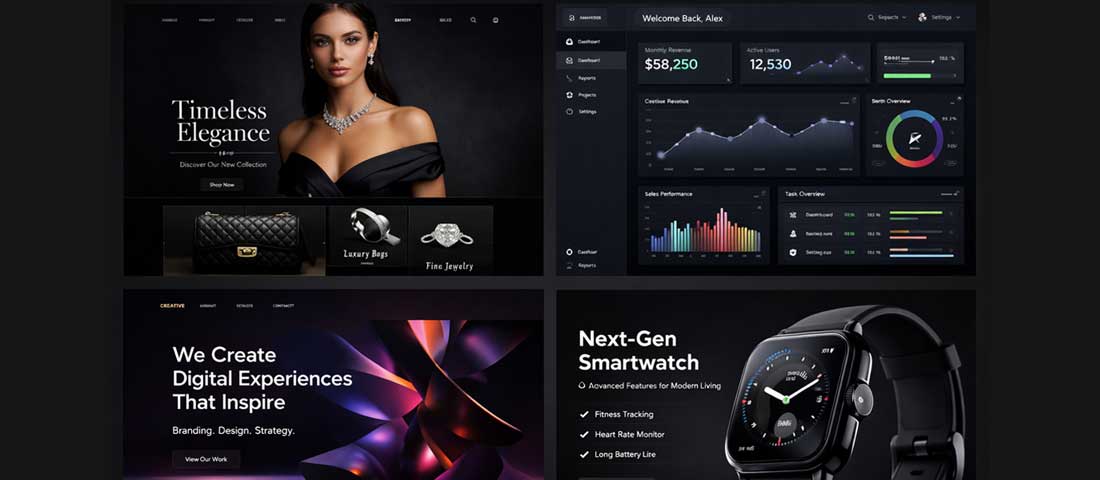 Premium dark mode website examples across industries showing luxury brand SaaS dashboard creative agency and tech product page with sophisticated dark UI design