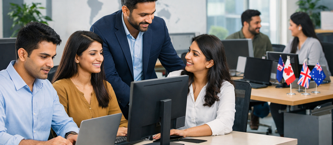 Professional Indian web design agency team working in modern office environment serving international clients from USA UK Canada and Australia