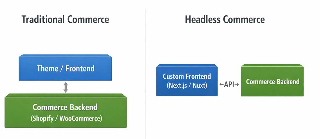 Traditional coupled eCommerce versus headless commerce architecture comparison showing frontend backend API separation for Shopify and WooCommerce stores
