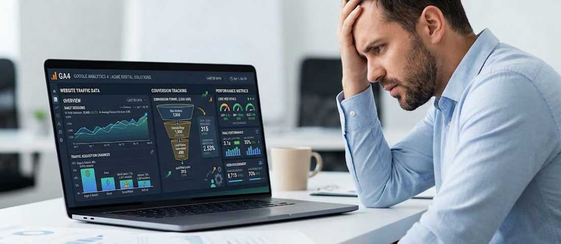 Business owner reviewing underperforming website analytics showing signs that website needs a redesign in 2026