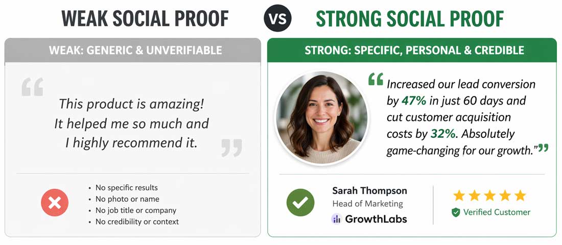Social proof comparison showing weak generic testimonial versus strong specific testimonial with photo name company and measurable results demonstrating what converts in 2026
