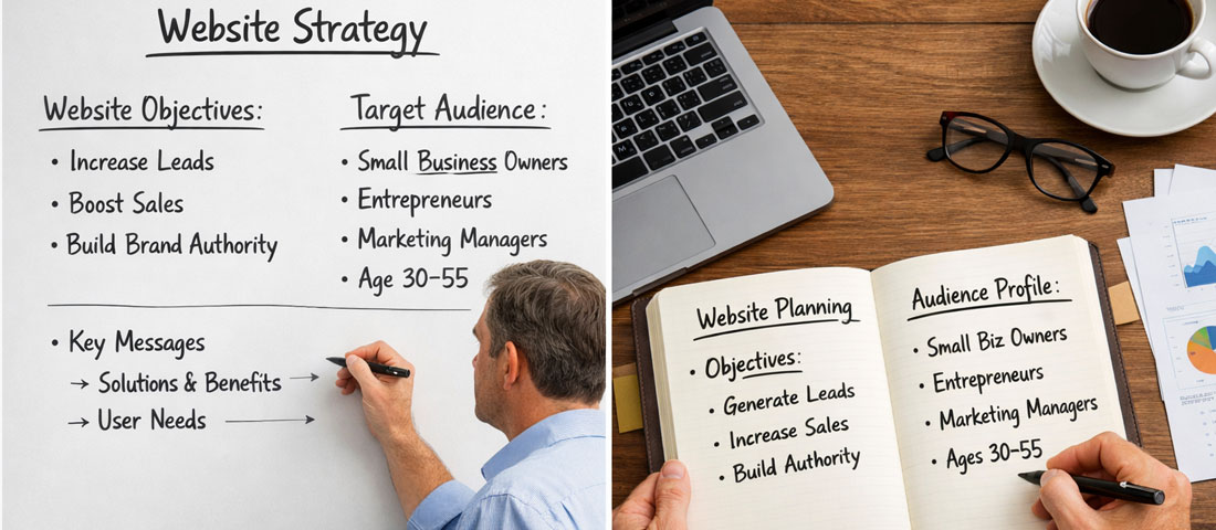 Business owner defining website objectives and target audience on whiteboard before hiring web design agency representing strategic preparation