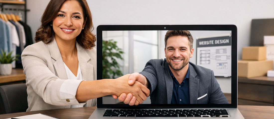 Business owner confidently selecting web design agency after thorough preparation showing successful partnership agreement between client and agency