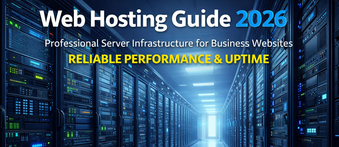 Web hosting guide 2026 showing professional data centre server infrastructure for business websites with reliable performance and uptime