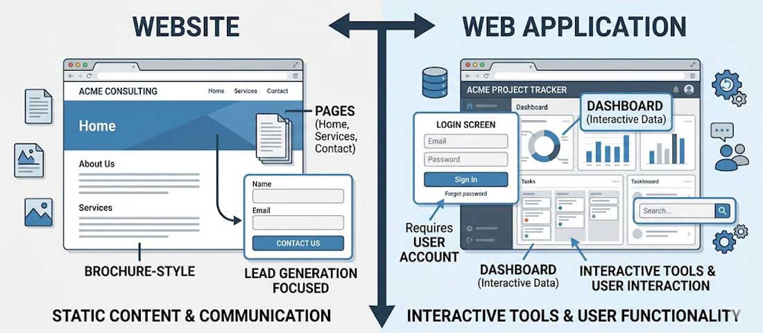 Difference between a website and web application showing website as content and lead generation versus web application as interactive tool with user accounts