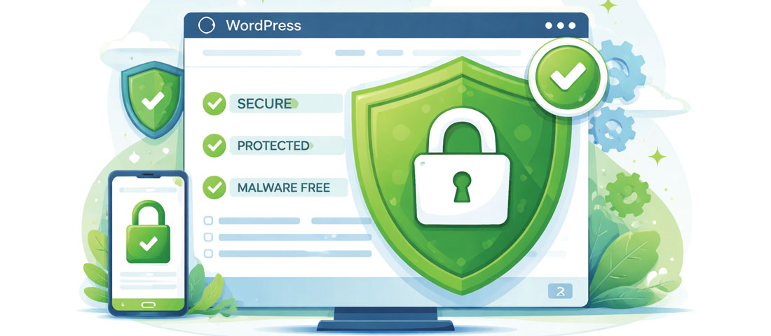Secured WordPress website showing green security shield padlock and clean status indicators representing fully protected business website after security hardening