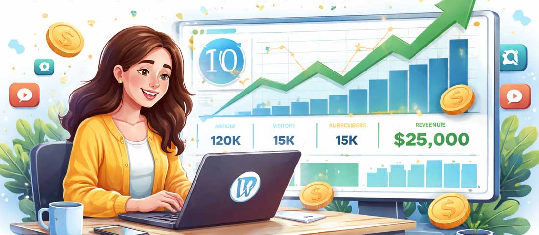 WordPress blog growth and monetization showing content creator at laptop with rising traffic analytics and revenue dashboard in 2026