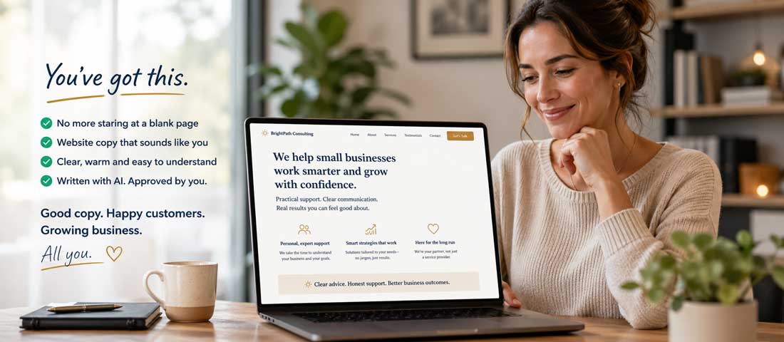 Business owner confidently reviewing clear professional AI-assisted website copy on laptop representing successful use of AI tools for website copywriting in 2026