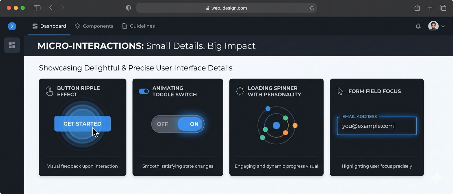 Micro-animations and micro-interactions UX guide 2026 showing button ripple effect toggle animation form focus state and loading spinner examples in web interface design