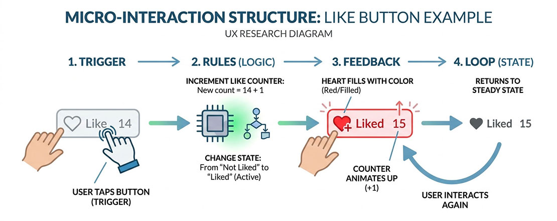Micro-interaction structure diagram showing trigger rules feedback and loops components using button like example explaining the anatomy of a complete micro-interaction