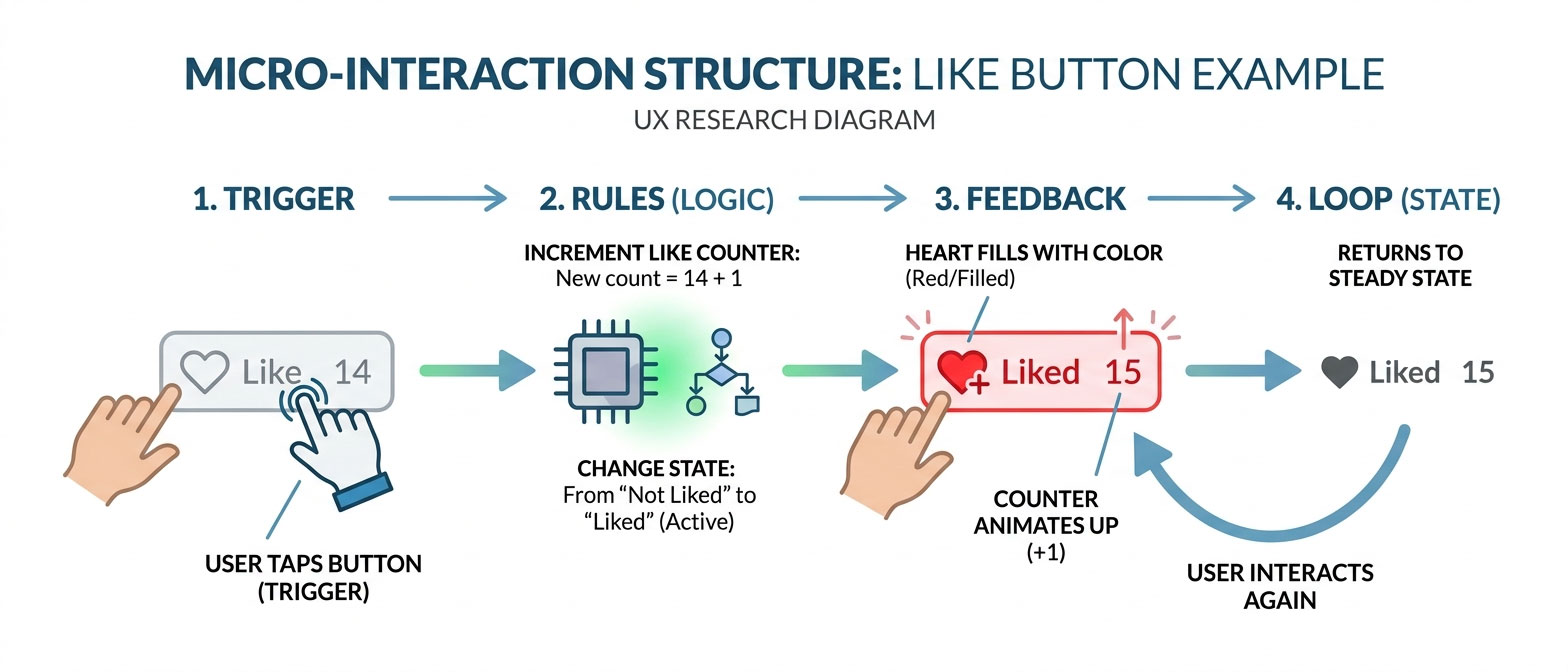 Micro-interaction structure diagram showing trigger rules feedback and loops components using button like example explaining the anatomy of a complete micro-interaction