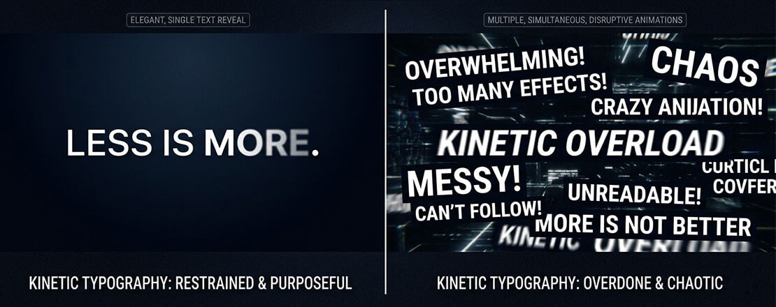 Kinetic typography comparison showing restrained purposeful single text animation versus overdone chaotic multiple simultaneous animations demonstrating less is more principle