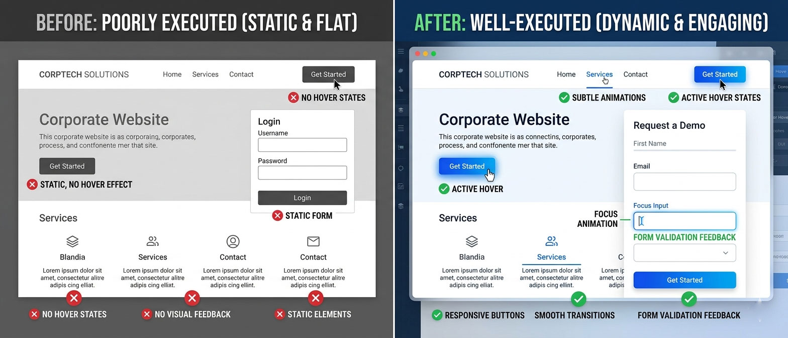 Micro-interactions before and after comparison showing static website with no hover states versus same website with thoughtful micro-animations button states and form feedback