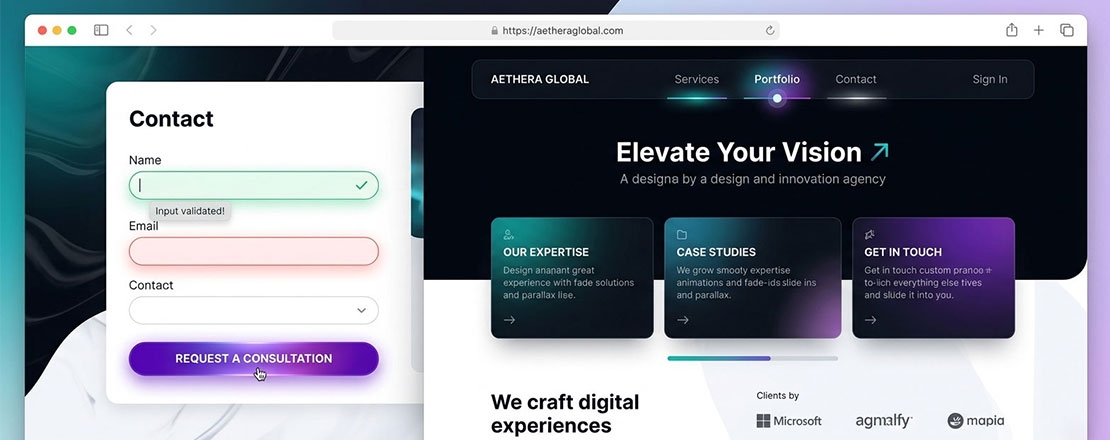 Complete micro-animated web interface showing multiple micro-interactions simultaneously including form validation navigation hover CTA button states and scroll reveal animations