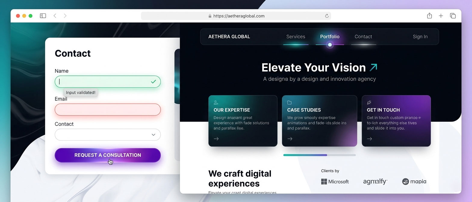 Complete micro-animated web interface showing multiple micro-interactions simultaneously including form validation navigation hover CTA button states and scroll reveal animations