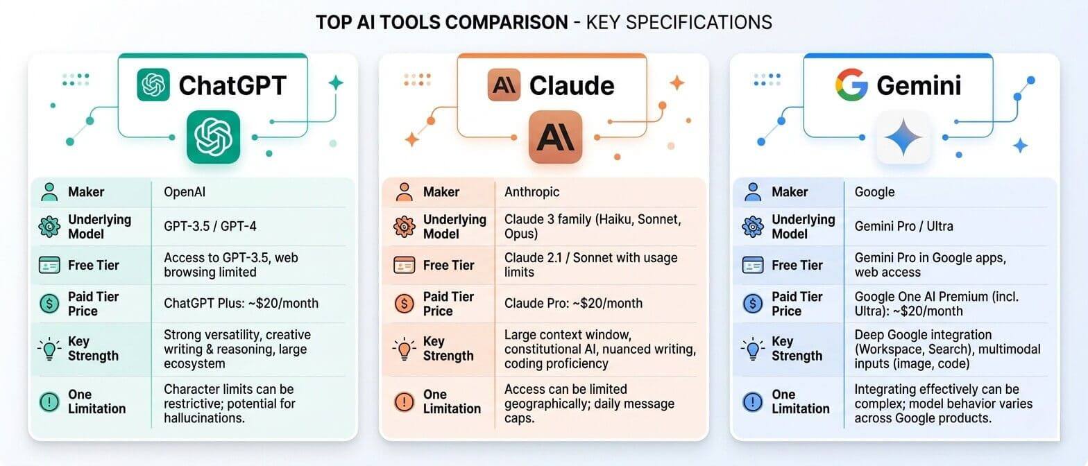 ChatGPT Gemini and Claude comparison cards showing maker model free tier paid price key strengths and limitations for web design business professional comparison