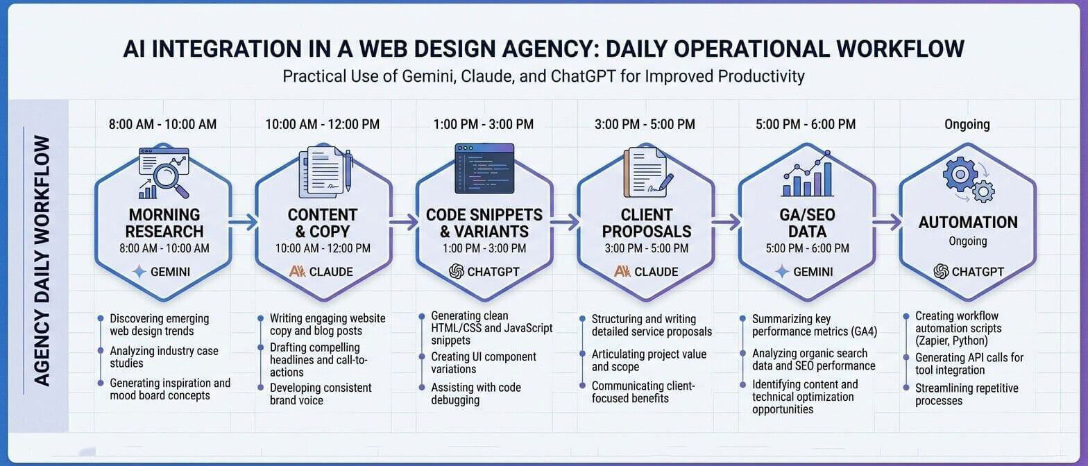 Web design agency AI workflow diagram showing when to use Gemini for research Claude for writing and code ChatGPT for variants and automation in daily agency work