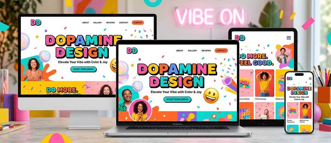 Mockup of a bright dopamine design website with bold saturated colour, oversized hero typography and character illustration shown on laptop and mobile devices