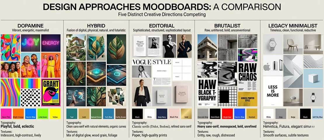 Visual moodboard comparing five different website design approaches in 2026 including dopamine design, modern hybrid, editorial minimalist, brutalist anti-design and legacy minimalist SaaS aesthetic shown side by side