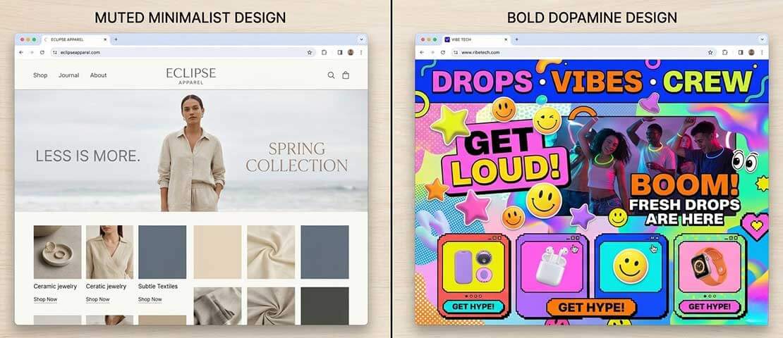 Side-by-side comparison of a muted minimalist SaaS website on the left and a bold dopamine design website on the right showing the visual contrast between the two approaches