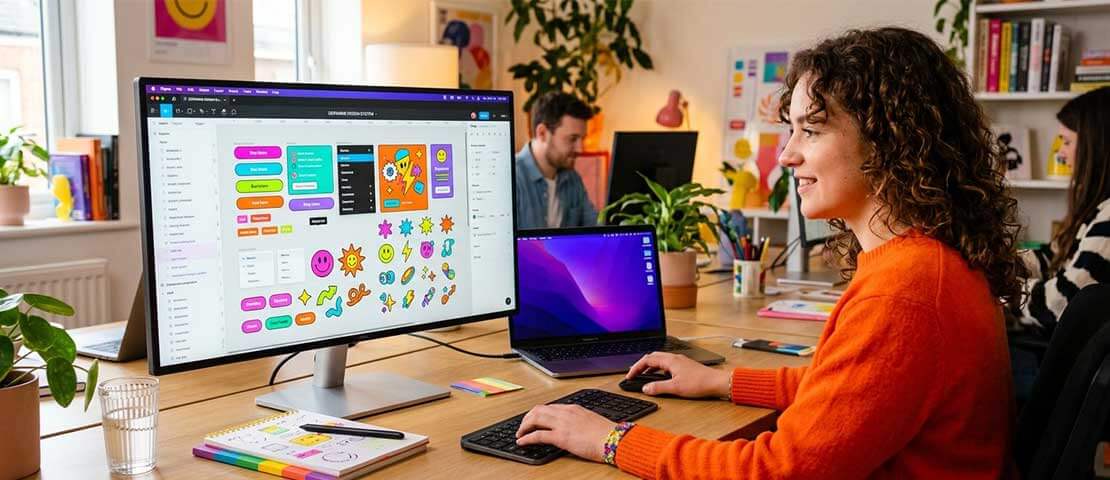 Designer working in Figma on a bold dopamine design system showing bright colour swatches, oversized typography and custom character illustrations on screen