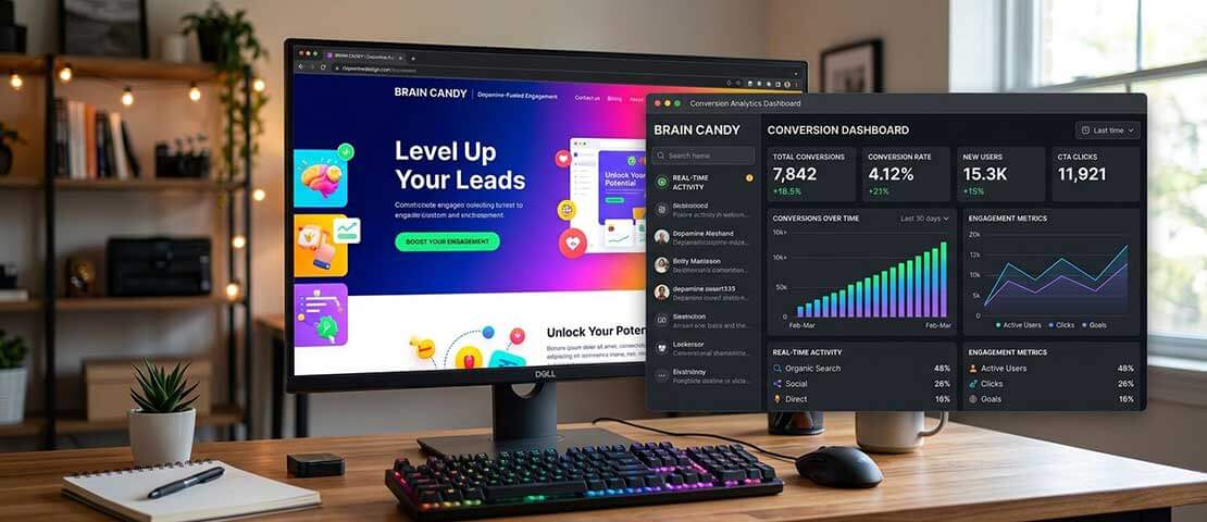 Completed dopamine design website displayed on a desktop monitor alongside an analytics dashboard showing improved scroll depth, lower bounce rate and higher second-page click-through metrics