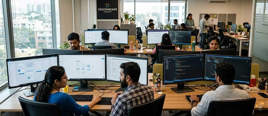 A modern Indian web design studio with team members working on dual monitors showing wireframes, design files and code editors for international clients