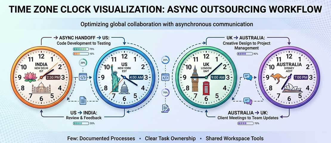 Visual diagram showing async collaboration workflow across India, US, UK and Australia time zones with handoff points and shared tools