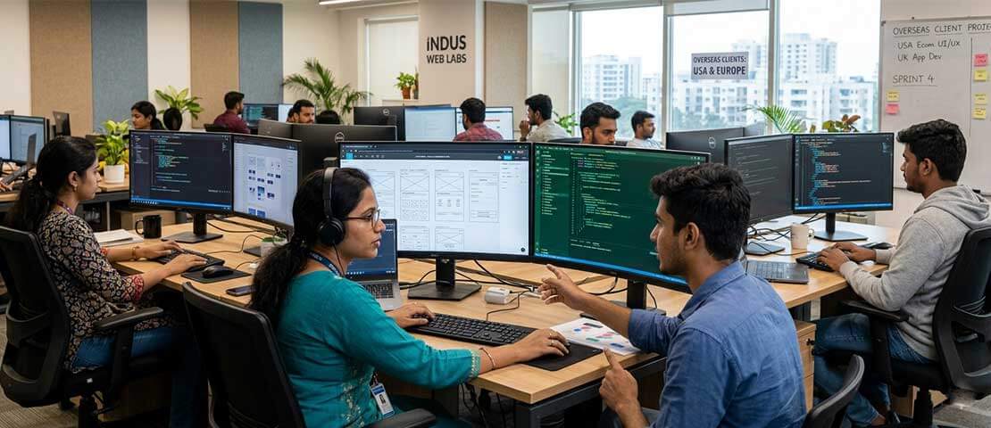 A modern Indian web design studio with team members working on dual monitors showing wireframes, design files and code editors for international clients