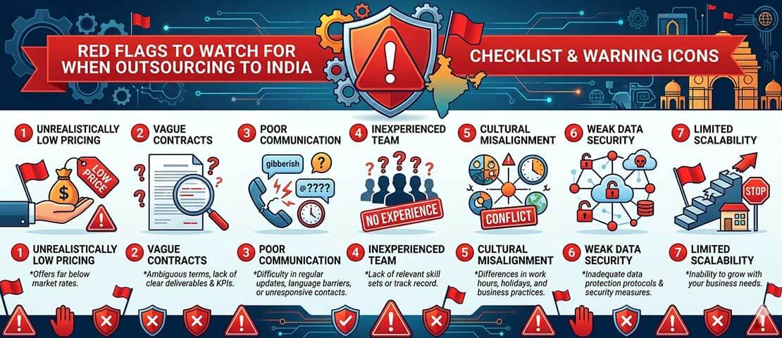 Visual checklist of warning signs to watch for when evaluating an Indian outsourcing partner including ghost agencies, no portfolio, and unrealistic pricing