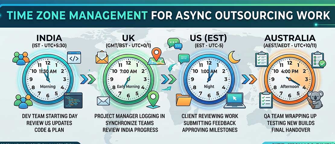 Visual diagram showing async collaboration workflow across India, US, UK and Australia time zones with handoff points and shared tools
