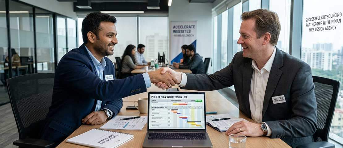 Indian web design agency team and overseas client celebrating successful project handover with laptops showing finished website and analytics dashboard