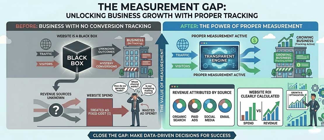 Website ROI measurement gap infographic showing business without conversion tracking as black box versus business with proper GA4 setup and revenue attribution by source