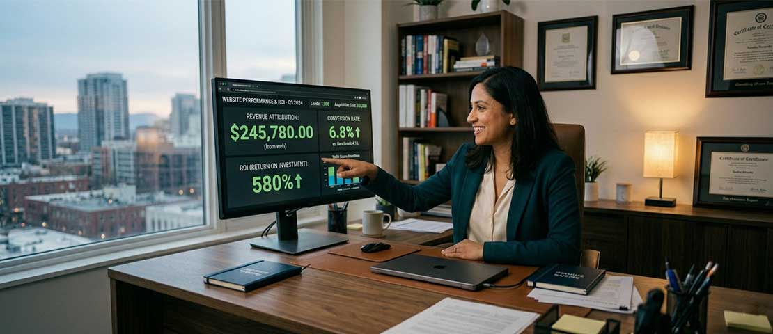 Business owner confidently reviewing positive website ROI metrics showing revenue attribution conversion rate above benchmark and strong ROI percentage representing commercial clarity