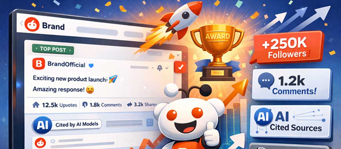 Final illustration showing a brand profile on Reddit with healthy karma, active subreddit participation, positive sentiment analysis and AI assistants citing the brand favourably in synthesised answers
