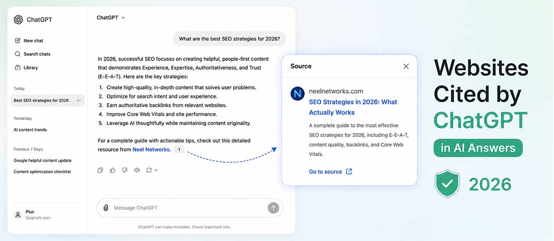 Hero image showing a ChatGPT conversation in which a website is cited as a primary source for a substantive answer, illustrating how AI assistants recommend specific brands and sources in 2026
